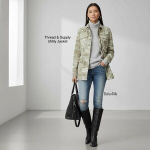 $129 Thread & Supply Jacket Women's Sherpa Lined Camouflage Anorak Drawstring S